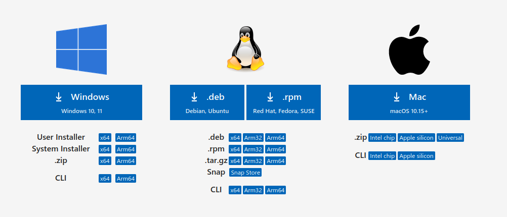 Download options for VS Code